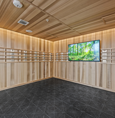 Aer wellness spa with wood panel walls and wall mounted TV.