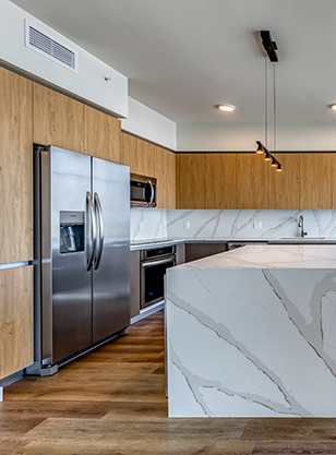 Aer apartment kitchen with elegant counters and stainless steel appliances.